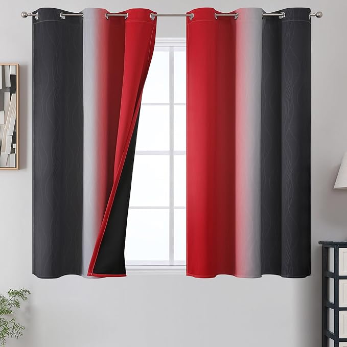 Red and Black Blackout Curtains 54 Inch Length, Light Blocking Gradient Grommet by ESTELARTEXTILER