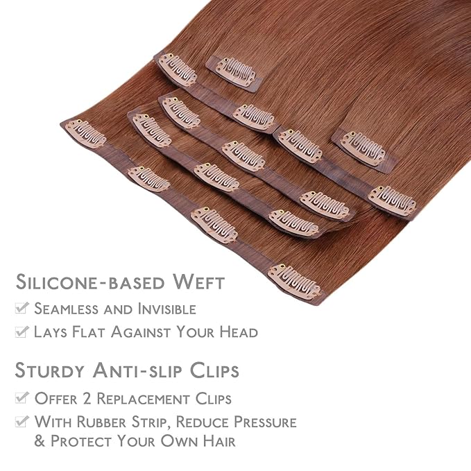 WENNALIFE Seamless Clip In Human Hair Extensions, 20 Inch 150g 7pcs Dark Auburn Copper Real Hair Extensions Clip in Human Hair Invisible PU Skin Weft Natural Remy Hair