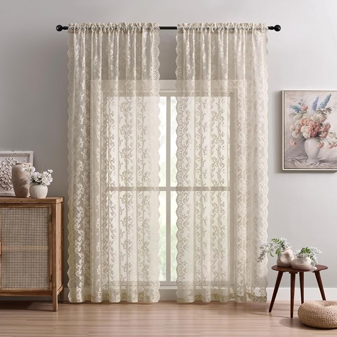 FOLKSIDE Khaki Lace Curtains 96 Inches Long 2 Panels Vintage Floral Sheer by FOLKSIDEHomeDecoration