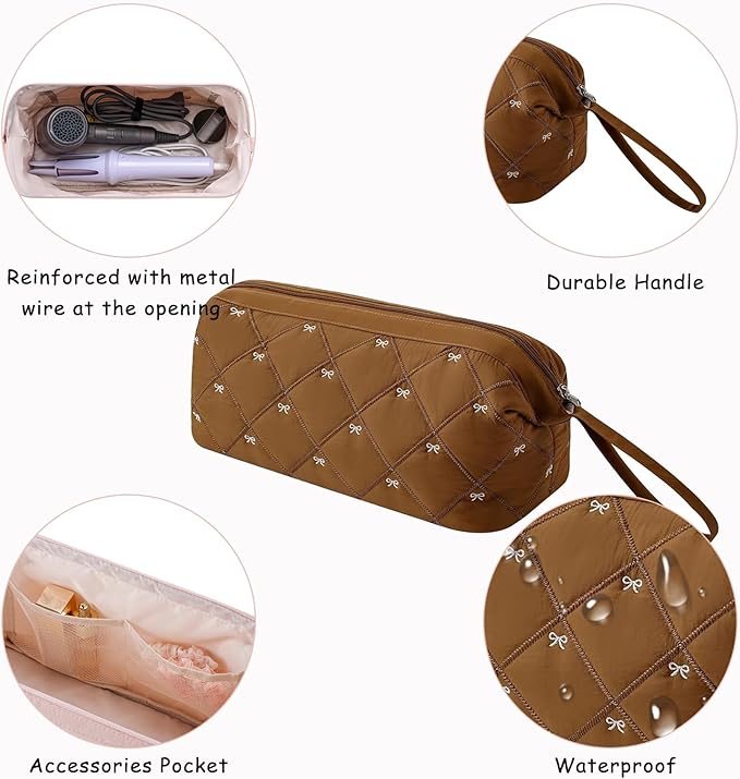 Large Quilted Hair Tools Travel Bag with Bow Pattern,Waterproof Hair Styling Accessories Storage Case for Shark FlexStyle, Dyson Airwrap Hair Dryer, Curling Iron, Revlon Hair Tools(Brown)