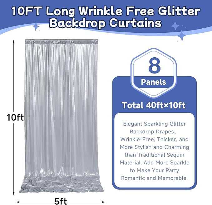leegleri 40x10ft Thick Silver Glitter Backdrop Curtain Panels - Image 6