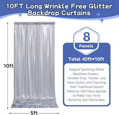leegleri 40x10ft Thick Silver Glitter Backdrop Curtain Panels - Image 6