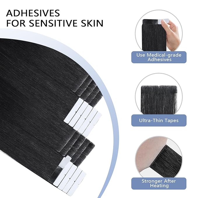 COOKAYU Invisible Tape in Hair Extensions Human Hair, Tape in Extensions Jet Black 20Inch 45g 20pcs Injected Tape in Human Hair Seamless Invisi Edge