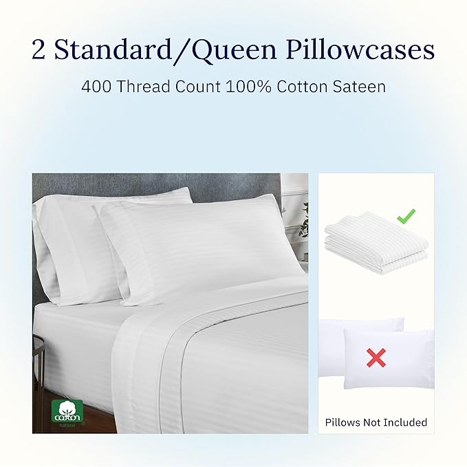 California Design Den Standard Queen Size Pillowcase Set - 400 Thread Count, 100% Cotton Sateen, Set of 2 Pillow Covers, Soft and Breathable - Striped Bright White