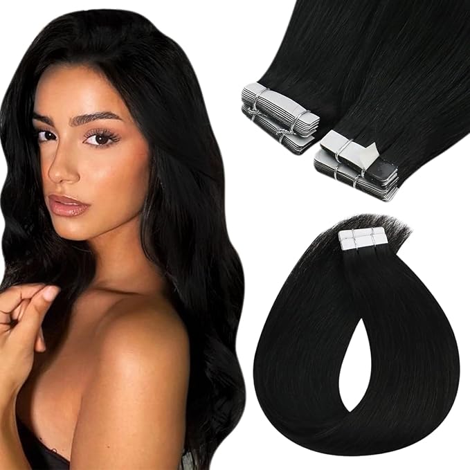 Sunny Hair Tape in Hair Extensions Human Hair 16inch Hair Extensions Real Human Hair Tape in Extensions for Women Solid Black Virgin Hair Natural Straight Skin Weft Double Sided Tapes 20Pcs 50g