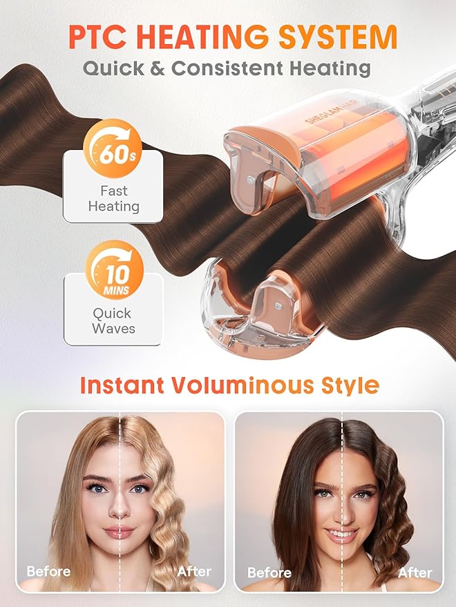 SHEGLAM Hair Beach Babe Hair Waver 2 Barrel Crimper 1 Inch with Smart Timer & Adjustable Temps Dual Voltage, Anti-Scald, Easy to Use