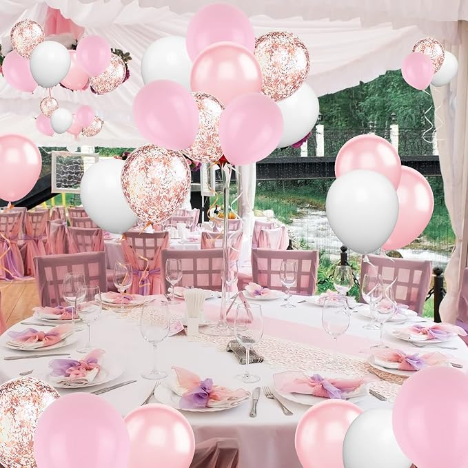Pink White Balloons, 12 Inch Metallic Pink Latex Balloons Rose Gold Confetti - Image 5