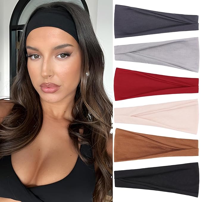 Headbands for Women Non Slip Stylish Womens Sweat Band Hair for Washing Face Elastic Headbands for Yoga Workout and Summer 6 Pack Stretchy Cloth Fabric Hair Bands