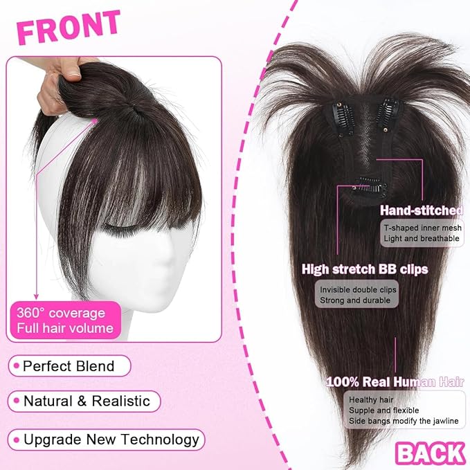 Hair Toppers for Women Real Human Hair 3D Cover Topper with Bangs Hair Extensions Clip in Bangs for Daily Wear Dark Brown #2 Color