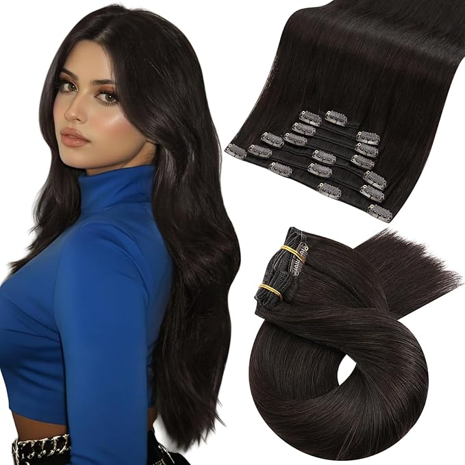 Moresoo Dark Brown Clip in Hair Extensions Real Human Hair Dark Brown Human Hair Clip in Extensions Long Remy Hair Extensions for Women Full Head 120g/7pcs 20 inch