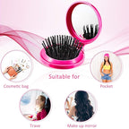 Boao 2 Pack Foldable Travel Mirror Hair Brushes Round Portable Folding Pocket Hair Brush Mini Comb Compact Travel Size Massage Comb for Men Women (Purple, Rose Red)