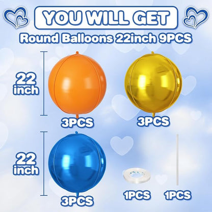 Orange Blue Gold Round Foil Balloons 9 pcs, Metallic Giant 4D Round Balloons 22 - Image 2