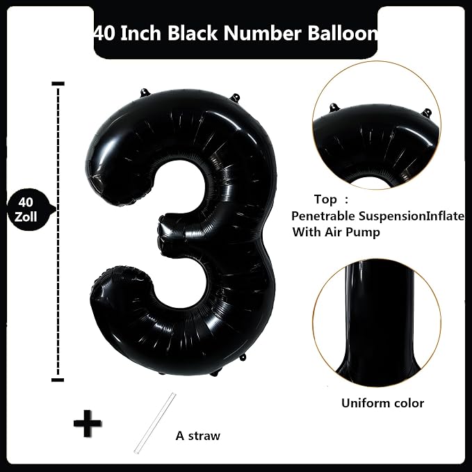 40 inch Black 3 Number Balloon Giant Foil Helium Balloons Black Large Digital - Image 2