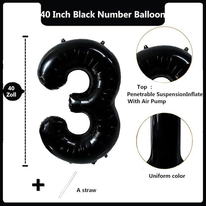 40 inch Black 3 Number Balloon Giant Foil Helium Balloons Black Large Digital - Image 2