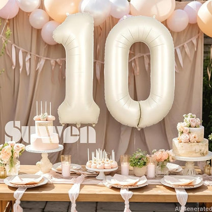 SUWEN 40 Inch Cream White Large 10 Balloon Numbers Big Foil Helium Number - Image 3