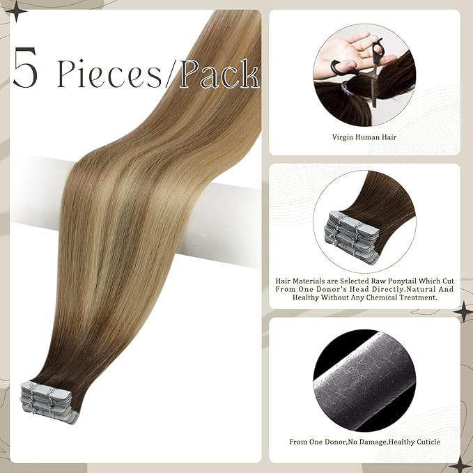 Full Shine Virgin Injection Tape in Hair Extensions 5Pcs Color 3 Brown Fading to 8 Ash Brown And 22 Blonde 14 Inch Seamless Intact Tape in Hair Remy Tape in Human Hair 10 Gram Natural Straight Hair