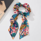 Colorful Tropical Floral Elastic Hair Band with Ribbon Womens Scarf Scrunchies Long Hair Ties Casual Knotted Bow No Damage Pack Of 2
