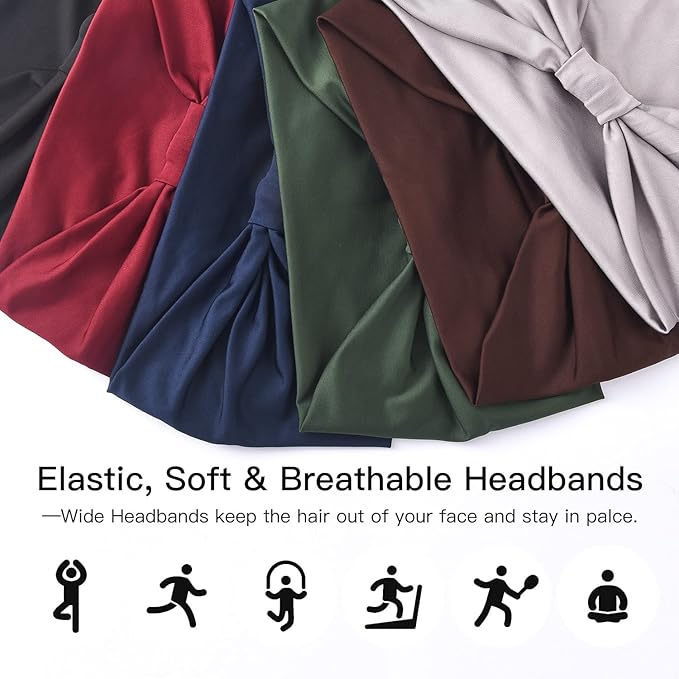 Yeshan Wide Headbands for Women Large African Bandana headband Non Slip Boho Head bands Yoga Running Sports Workout Gym Turbans Thick Head band,pack of 6