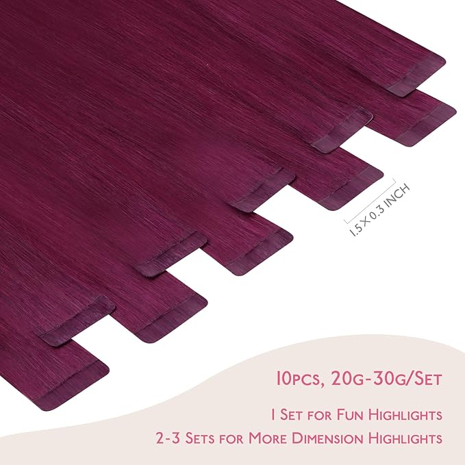 WENNALIFE Tape in Hair Extensions Human Hair Light Burgundy Tape in Extensions, 10pcs 25g 18 inch Remy Invisible Tape Ins Straight Colored Soft Real Human Hair Tape in Extensions Refill Set Extensions