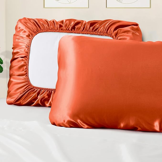 Manyshofu Satin Pillowcases for Hair Protection - 2Pcs Burnt Orange Pillow Cases, Elastic Band Standard & Queen Satin Pillowcases Luxury Silky Pillow Cases Travel Pillow Covers