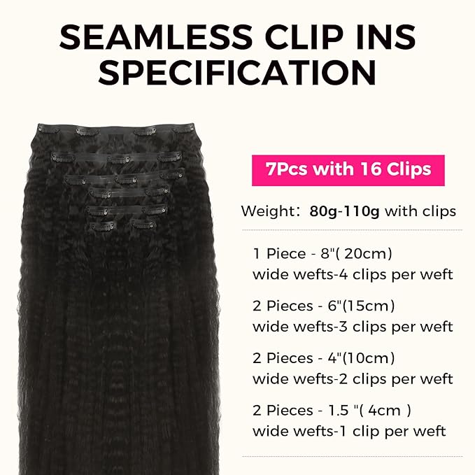 Lashey Clip in Hair Extensions Real Human Hair 110g Kinky Straight Seamless Clip in Hair Extensions Natural Black 22 Inch Human Hair with Invisi Edge for Black Women