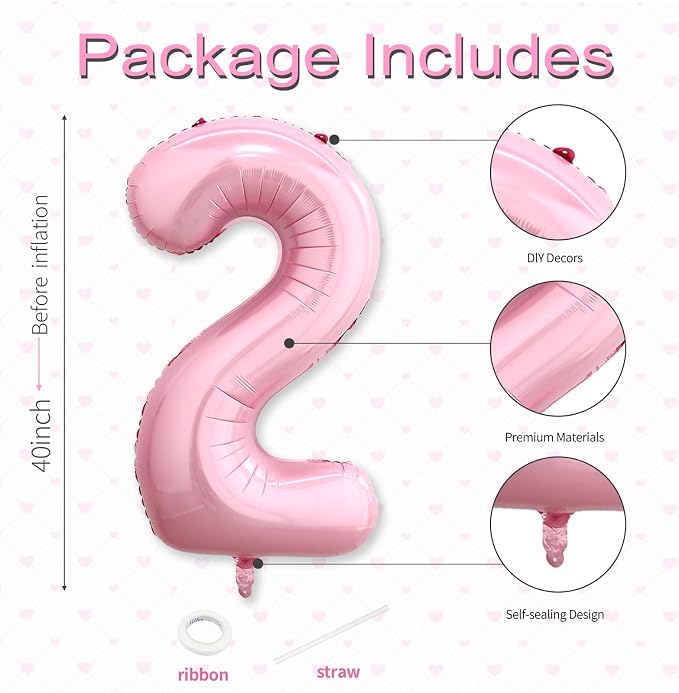 40 Inch Pink Number 2 Balloon, Giant Number Balloons, Birthday Decorations | - Image 3