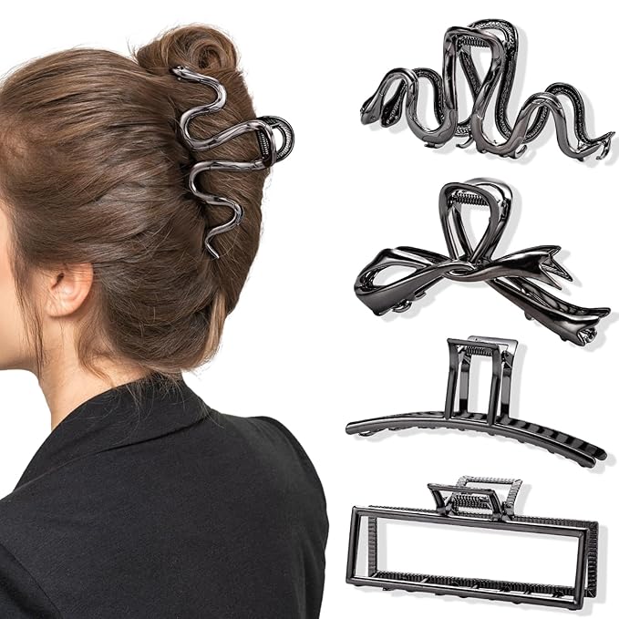 Obeoby 4 Pack Metal Hair Clips, Large Claw Clips for Women Thick Hair, Strong Fashion Hair Accessories Barrettes for Curly Long Hair (Black)