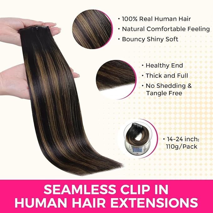 Lashey Seamless Clip in Hair Extensions Human Hair Straight 7Pcs 110g 16inch Natural Black Mixed Chestnut Brown Soft Flat PU Weft Clip ins Real Human Hair for Women