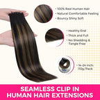 Lashey Seamless Clip in Hair Extensions Human Hair Straight 7Pcs 110g 16inch Natural Black Mixed Chestnut Brown Soft Flat PU Weft Clip ins Real Human Hair for Women