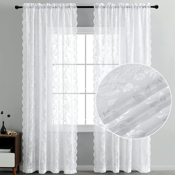 FINECITY White Lace Curtains for Living Room Rustic Floral 52x96 Inch 2 Pcs | - Image 3