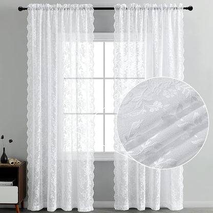 FINECITY White Lace Curtains for Living Room Rustic Floral 52x96 Inch 2 Pcs | - Image 3