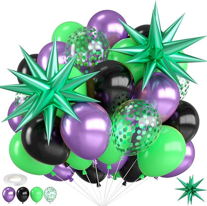 Purple and Green Balloons, 12 Inch Metallic Purple Black Green and Confentti by FEYG