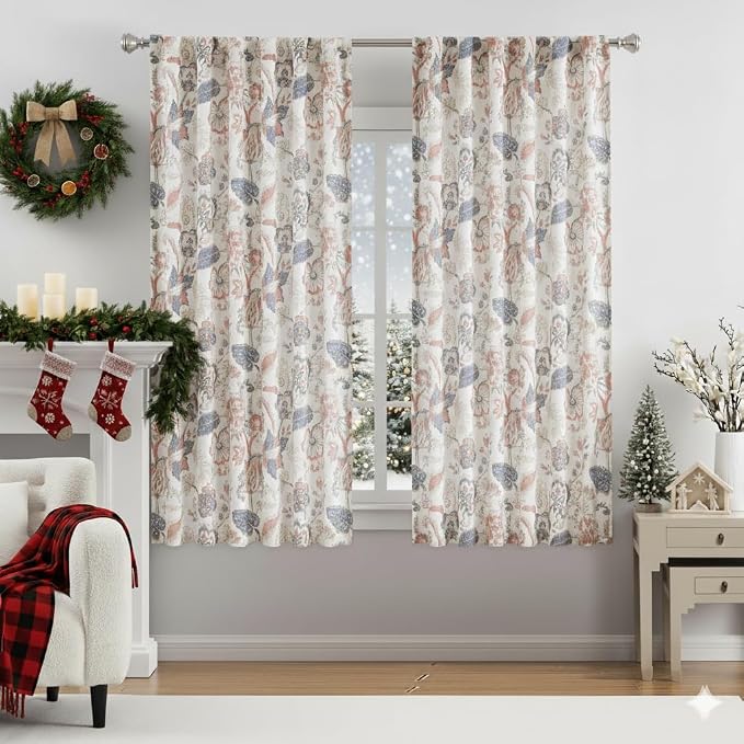 Kayne Studio Botanical Print Semi Sheer Curtains Navy Red Floral Leaf Farmhouse - Image 8