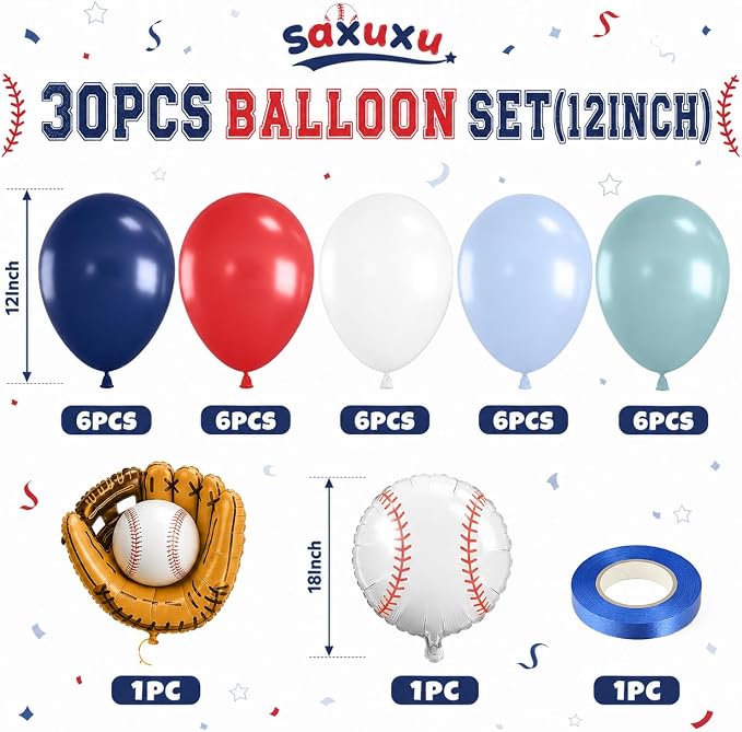 Baseball Balloons, 12 Inch Navy Blue Red White Light Dusty Blue Balloons - Image 2