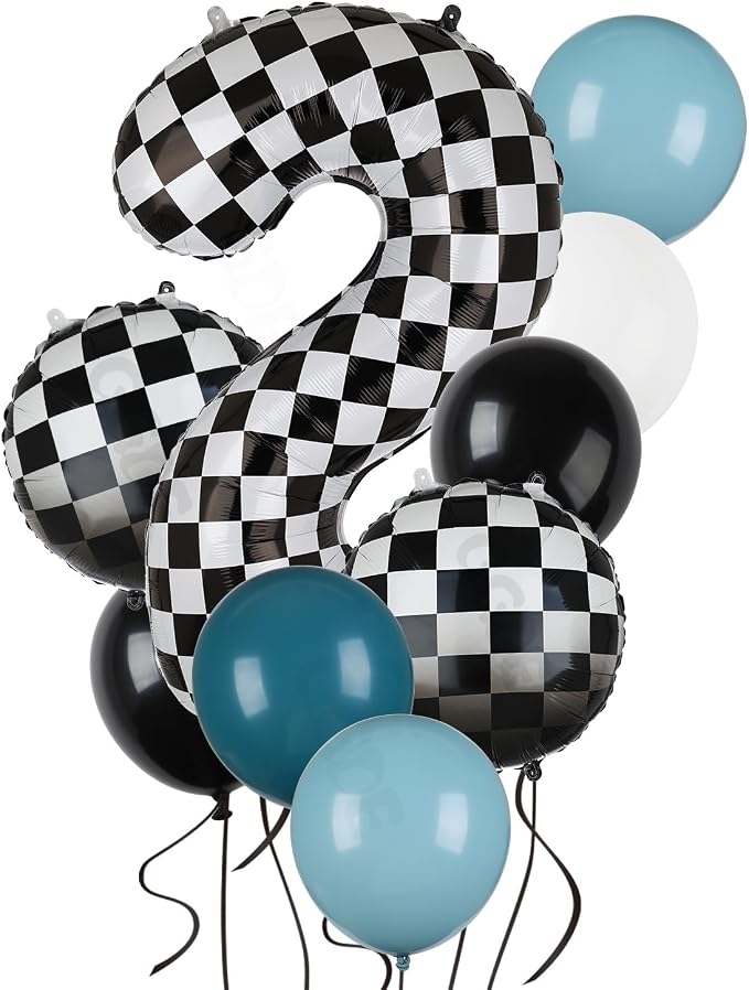Race Car Balloon Bundle Blue Black 40 Inch Checkered Number Balloon 2 | Black by GGDE