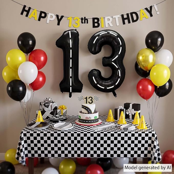 Black and White Stripes Number 13 Balloon 40 Inch, Track Road Digit Decor | - Image 6