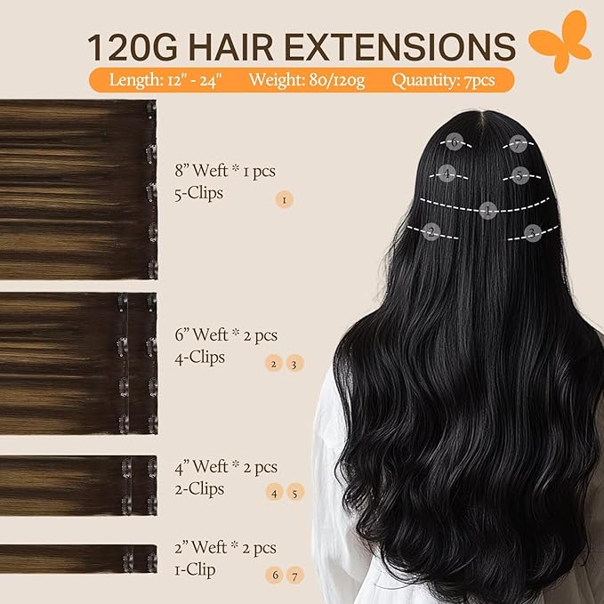 DOORES Clip in Hair Extensions Balayage Dark Brown to Chestnut Brown 120g 7pcs 16 Inch Remy Human Hair Extensions Clip in Real Hair Extensions Straight
