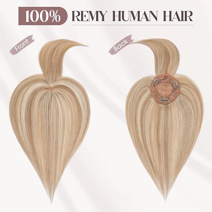 MY-LADY Human Hair Toppers for Women Real Human Hair with Bangs Thin 8.5 * 8.5CM Mono Base Clip in Remy Hairpieces Light Weight 14 Inch Golden Brown Mixed Bleach Blonde