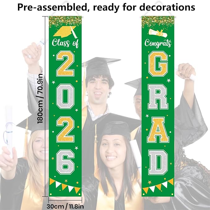 Graduation Decorations 2026 GRAD Banner Green Porch Door Sign Welcome Banner - Image 4