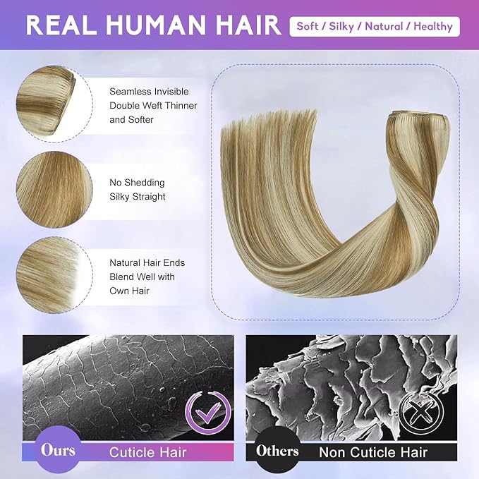 Blonde Clip in Hair Extensions Real Human Hair, 14 Inch 75g Natural Human Hair, Remy Human Hair Extensions Cip ins for Women 8pcs Per Set #16/22 Light Blonde Highlighted Golden Blonde