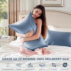 Silk Pillow Cases 2 Pack King Size Mulberry Silk Pillowcase Set of 2 for Hair & Skin 36 x 20 Inches 22 Momme Both Sided Grade 6A Silk Soft Breathable Cooling with Hidden Zipper, Grey Blue