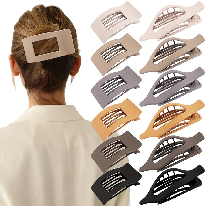 Velscrun Flat Hair Clips for Women Girls, 12 Pack Lay Flat Claw Clips, Large Side French Duck Billed Hair Jaw Claw Clip for All Hair Types, Work Daily Trendy Fashion Styling Gifts Hair Clip Brown