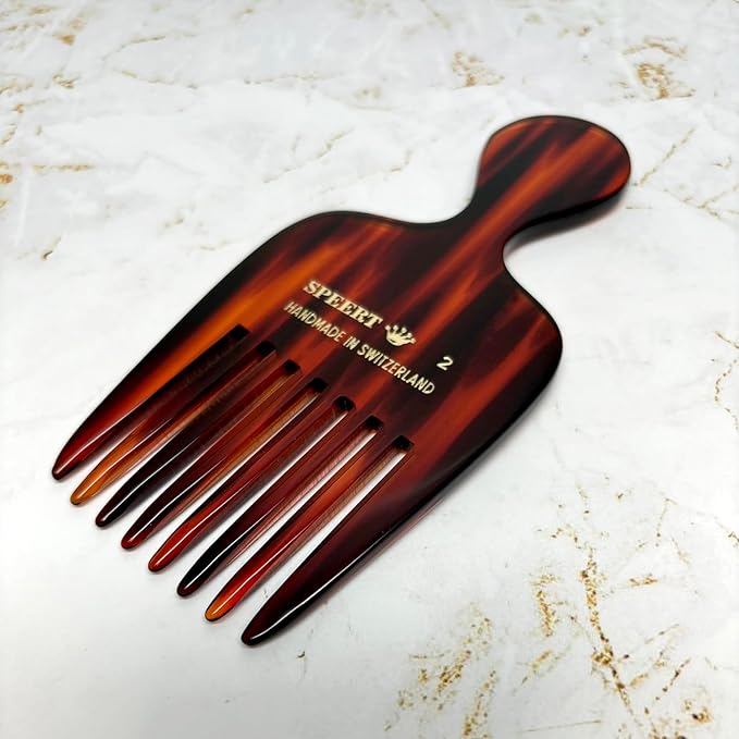 #2 Handmade Wide Tooth Hair Pick - Tortoise Havana Acetate Thick Coarse Curly Textured Hair Detangling Parting Grooming Teasing Styling - Wet & Dry Use for Women, Men & Kids
