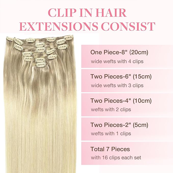 GOO GOO Clip in Hair Extensions Real Human Hair, Remy Human Hair Extensions Clip ins for Women, Natural Human Hair, 12inch 85g 7Pcs, 17/22/60 Balayage Ash Blonde to Golden Blonde and Platinum Blonde