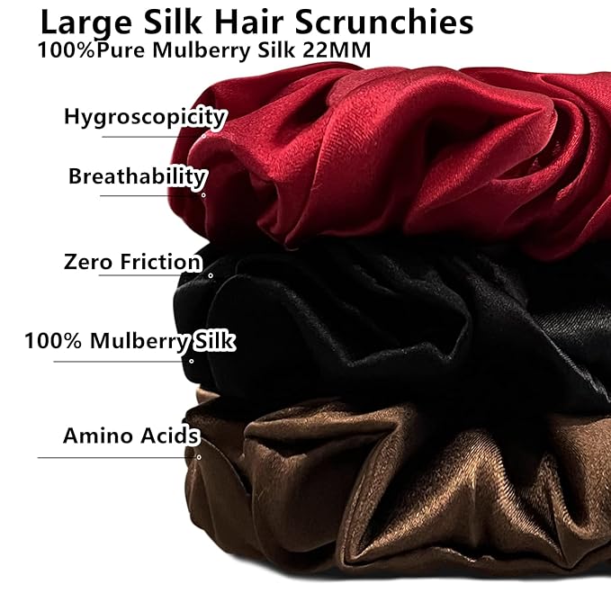 Suncdelv Silk,100% Silk Scrunchies for Hair,22 Momme Hair Ties for Anti-Crease & Breakage,Natural Women Hair Accessories，Fashion Hairbands 3PCS（Red,Brown,Black）