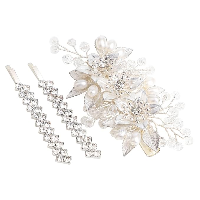 Floral Crystal Pearl Alligator Hair Clip and Rhinestone Bobby Pins, Elegant Hair Accessories for Bridal Women in Wedding or Prom, Set of 3 (Silver)