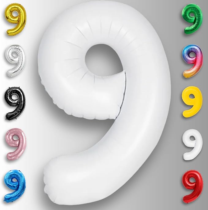 White Number Balloon 9 Mylar Foil Balloons 32 inch - Image 2