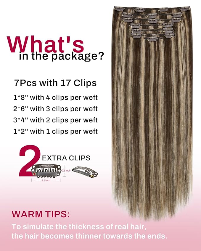 Moresoo Clip in Hair Extensions Remy Double Weft Human Hair Clip in Extensions Straight Hair Extensions for Women Dark Brown Highlight with Caramel Blonde 7pcs 120g 24inch