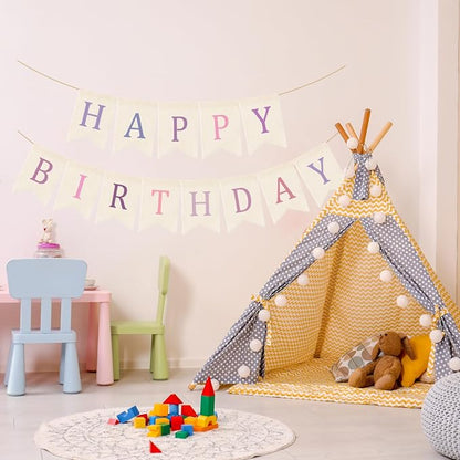 Doumeny Happy Birthday Burlap Banner Boho Birthday Garland Bunting Purple Pink - Image 3