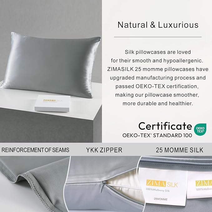 ZIMASILK 25 Momme 100% Pure Mulberry Silk Pillowcase for Hair and Skin Care, Highest Grade 6A Pillow Cases for Women, Long-Lasting Durablity, Gift for Women Men, 1Pc (Queen 20"x30", Iron Gray)